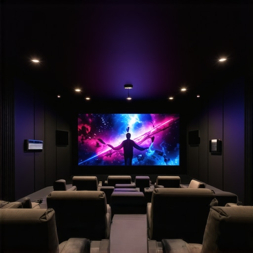 Modern home theater with high gain projection screen and ambient lighting