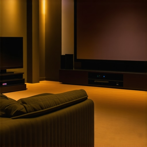 A sleek home theater with a high-gain ALR projection screen, ambient light control, and professional calibration equipment.