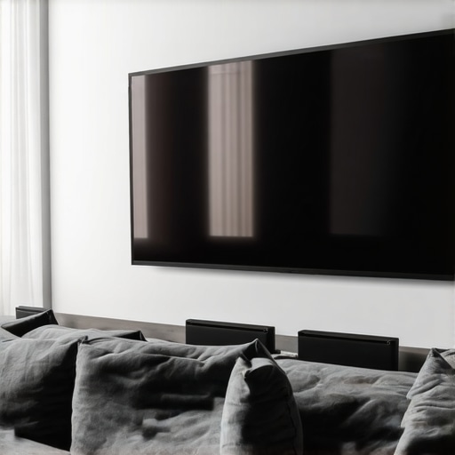 Home theater setup with high-gain ALR fixed frame projection screen in a well-lit room, demonstrating enhanced brightness and clarity.
