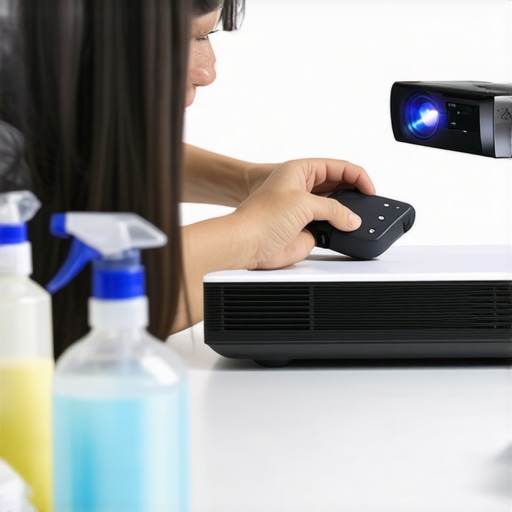 Person calibrating projector with a colorimeter and cleaning the screen in a dedicated theater room.