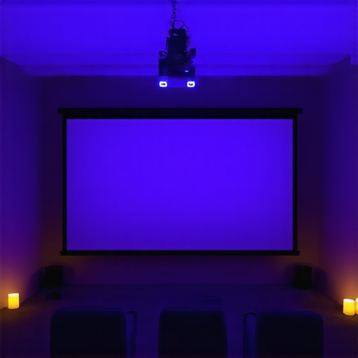 A bright living room with a high-gain projection screen and projector setup.