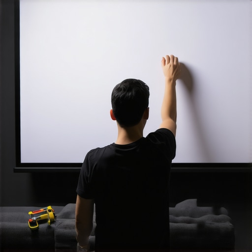 A technician installing a fixed frame projection screen in a home theater with tools and measuring tape.