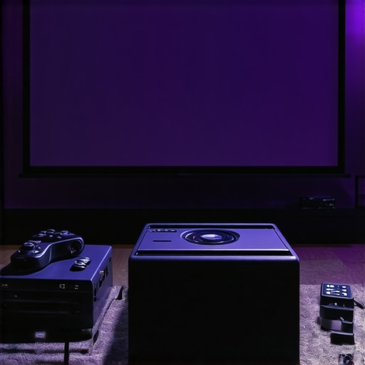 Home theater with high-gain screen and calibrated projector in dark room