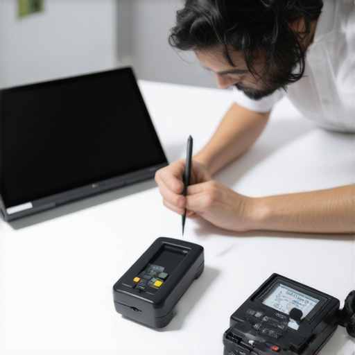 Technician calibrating a projector with software and light meter in a bright living room.