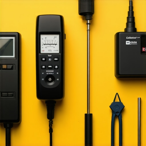 Close-up of calibration devices used in home theater setup including lux meter and colorimeter.