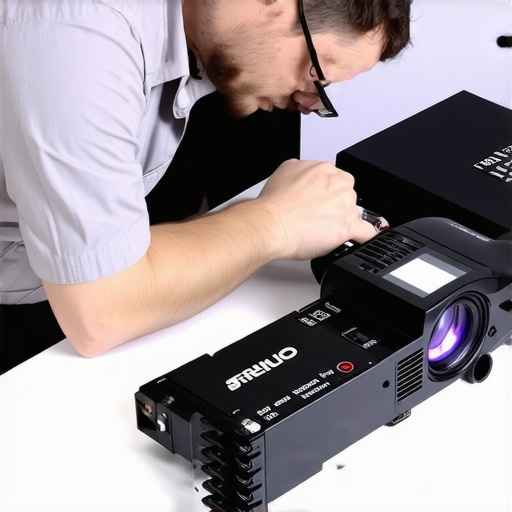 Professional calibrator adjusting a projector for optimal image quality in a home theater.