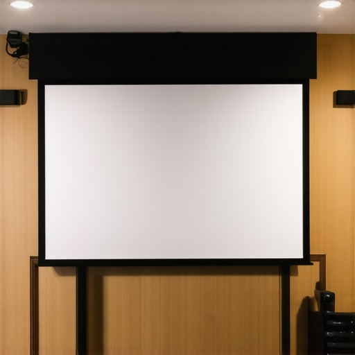 Close-up of a fixed frame projection screen installed in a sleek home theater room, showing proper alignment and lighting conditions