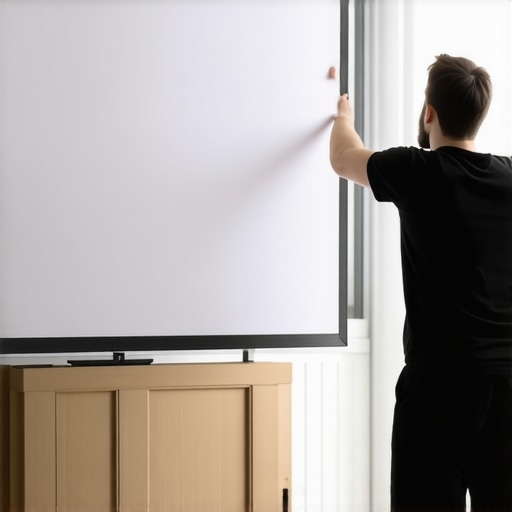A technician carefully installing a high-gain projection screen in a sunlit living room.