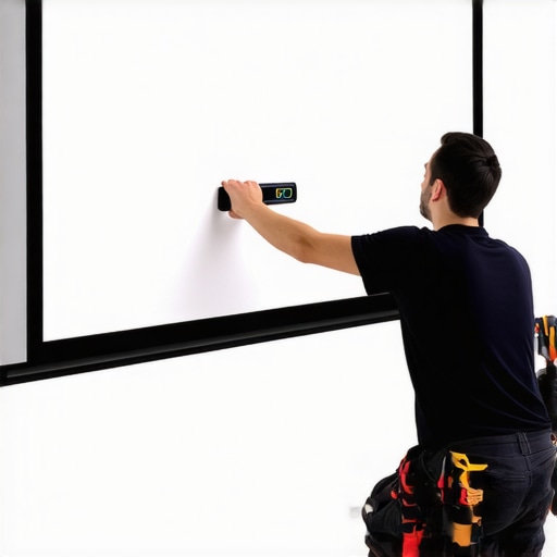 Technician mounting a fixed frame projection screen with tools and level in a home theater.