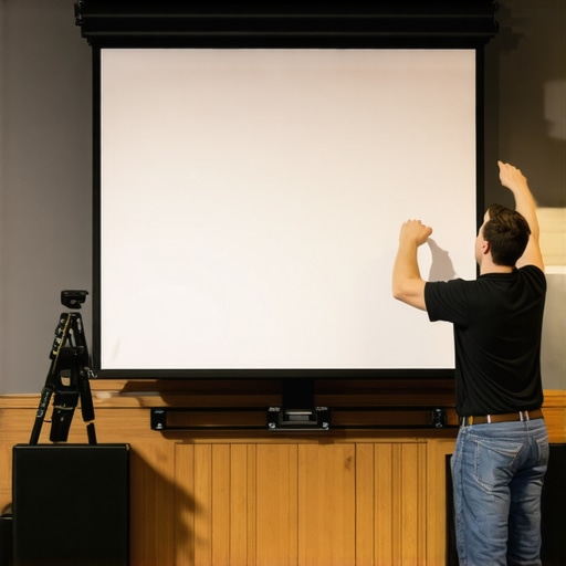 Technician adjusting tension on a fixed frame projection screen during setup.