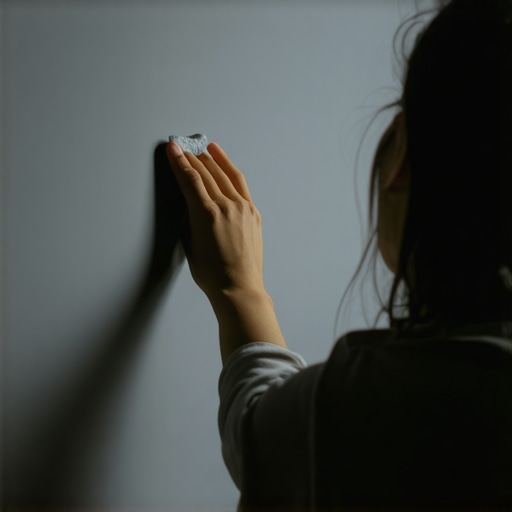 Person cleaning projection screen with microfiber cloth in home theater