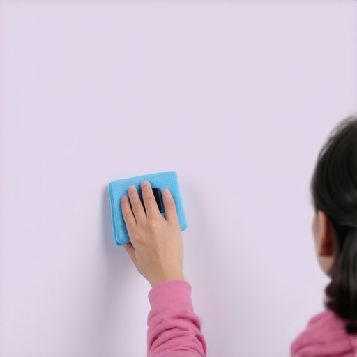 Person cleaning and calibrating a projection screen in a home theater