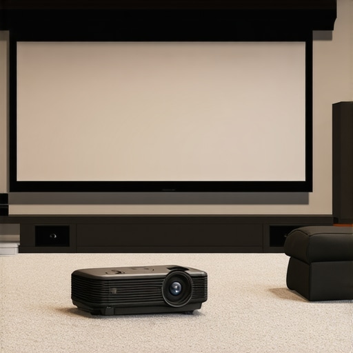 A modern home theater in a bright living room with a high-gain pull-down projection screen, professional projector, and ambient light control for vivid images.