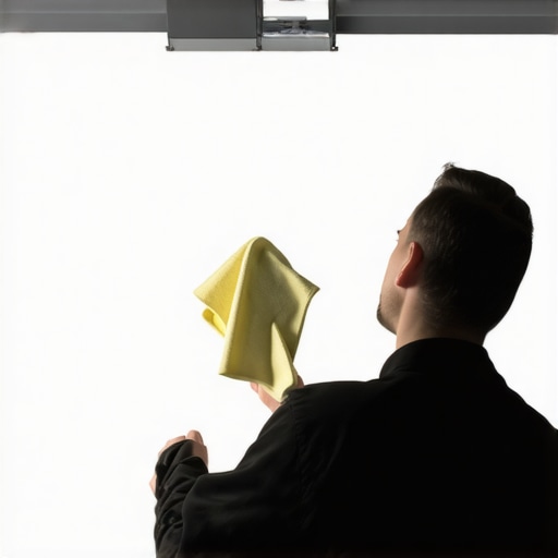 Technician carefully cleaning a projection screen with a microfiber cloth.