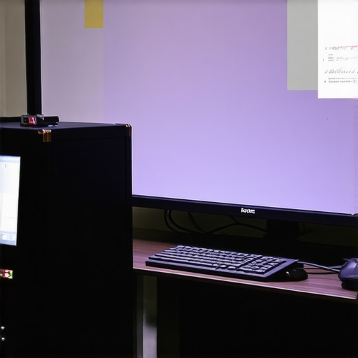 Colorimeter measuring projector colors in home theater environment.