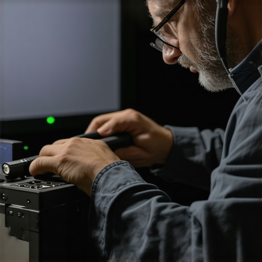 Technician using calibration tools to optimize a home theater projector.