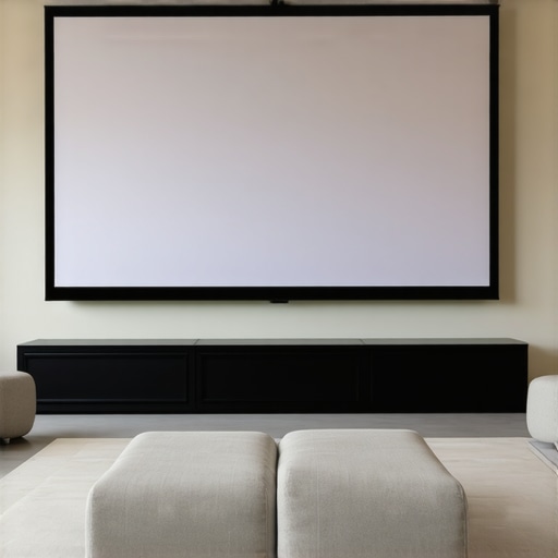 A well-installed fixed frame projection screen with calibration tools and room measurements displayed.
