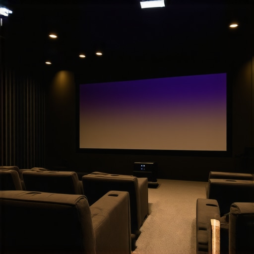 Home theater setup showing a fixed frame screen with projector and seating arrangement in a dark room.