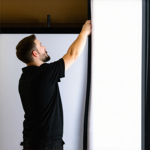 Close-up of hands using tensioning tools on a projection screen in a home theater.