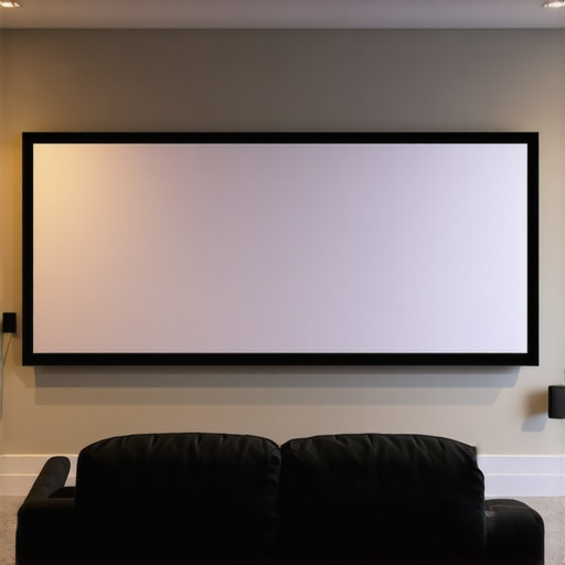 A cozy home theater with a high-gain projection screen and ambient lighting for bright daytime viewing.