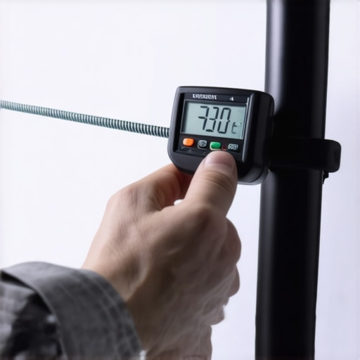 Technician adjusting projection screen tension with digital gauge