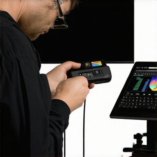 Technician calibrating a projector using laser measuring tools and calibration software for optimal HDR display.