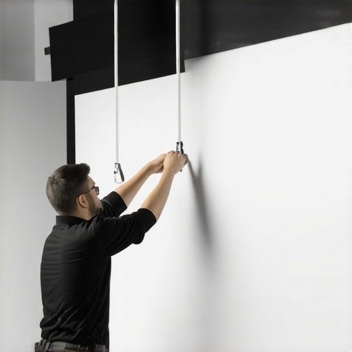 Technician adjusting tension brackets to fix sagging pull-down projection screen.
