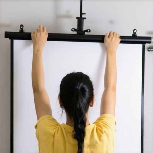 Person adjusting tension on a pull-down projection screen to prevent edge curl.