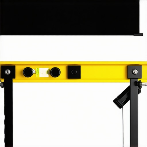 Close-up of a technician adjusting tension on a projector screen with leveling tools.