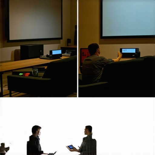 Person calibrating home theater projector with different screens and lighting conditions.