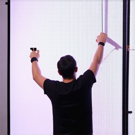 Person using a level and tensioning clips to install a fixed frame projection screen
