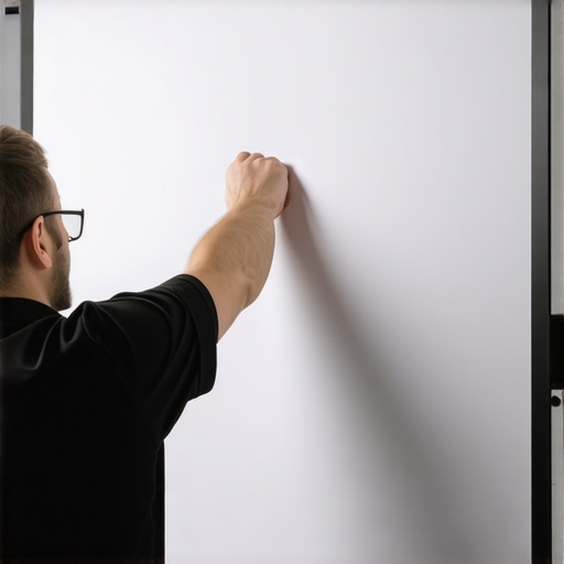 Technician adjusting tension on a fixed frame projection screen during installation.