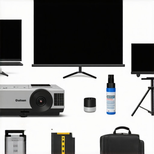 A collection of tools and calibration devices used for maintaining high-performance projection screens and projectors.