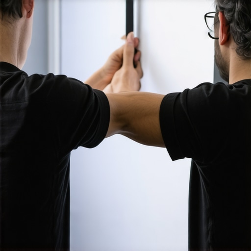 Technician tightening the fabric of a projection screen to ensure a smooth, flat surface.